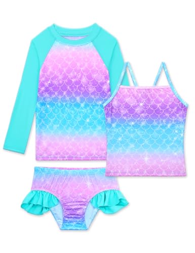 Image of Girls Rash Guard Swimsuit 3 Pieces Long Sleeve UPF50+ Quick Dry Bathing Suit for Toddler 3-12Y