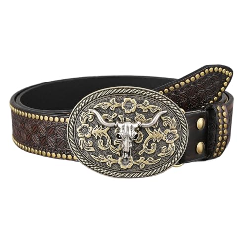 Cow Boy Western Belt for Men – Belt with Metal Buckle, Rivet Decor, Faux Leather Western Waist Strap