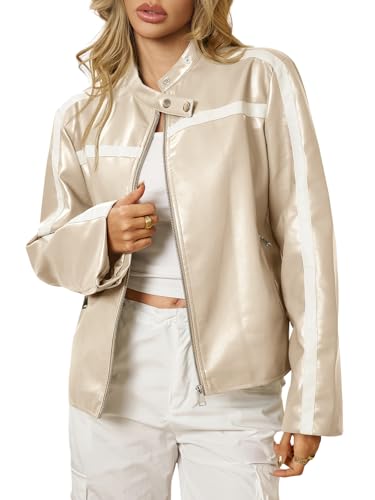 Tankaneo Womens Faux Leather Bomber Jackets Zip Up Color Block