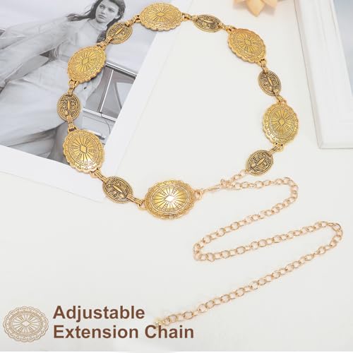 Image of WHIPPY Women Concho Chain Belt Metal Link Western Cowgirl Turquoise Chain Belt for Dress