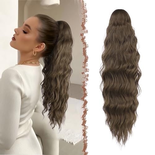 FESHFEN Coda Capelli Extension Ondulati Lunghe, Coda Finta Capelli con Pettine Sintetici Posticci Ponytail Ricci Onda Coda di Cavallo Extensions per Donne, 60 cm Marrone Chiaro