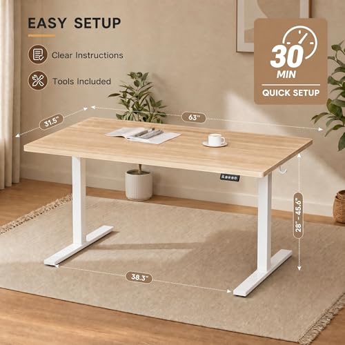 Image of Grandder 63x32 Large Electric Standing Desk, Height Adjustable Computer Desk with 2 Memory Presets, 31.5 inch Deep Desktop Sit Stand Desk Home Office Desk Workstation Table with Hooks, Light Walnut