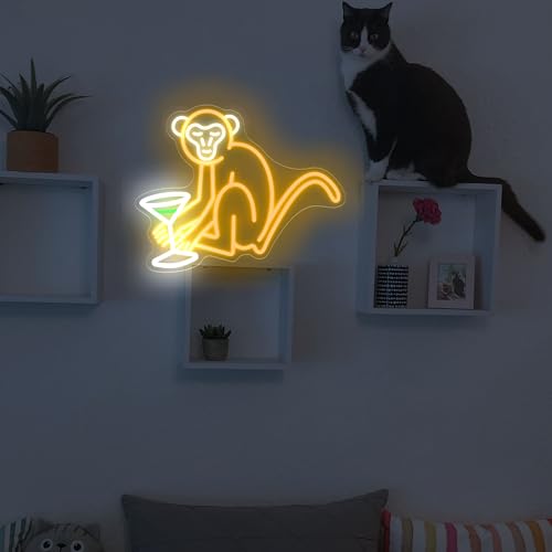 Image of Monkey Cocktail Neon Sign, Bar Light Up Signs 15.79x12.6inches, Dimmable USB Powered, Safe and Energy Saving LED Signs for Home Bar Bedroom Men Cave Birthday Party Decor