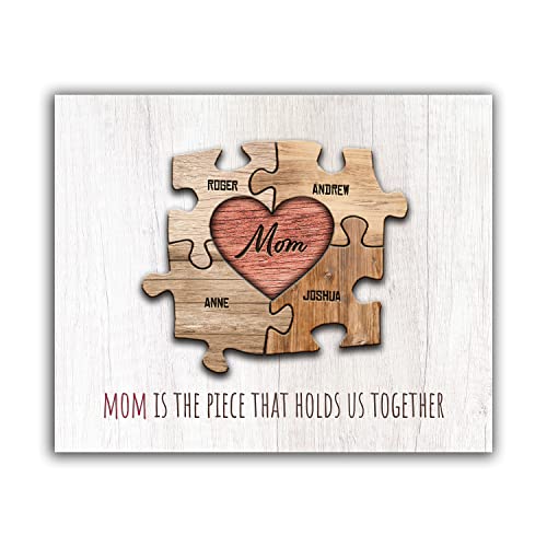 Personal-Prints MOM & Children Personalized HEART Puzzle Wall Art | Unique Customized with up to 8 Names | Mother’s Day, Birthday or Christmas Gift (11"x14" Stretched Canvas, 4 Children)