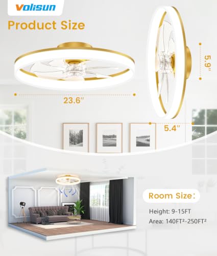 Image of VOLISUN Low Profile Ceiling Fans with Lights and Remote, 24in Fandelier Ceiling Fan Flush Mount, 3000K-6500K Smart Bladeless LED Fan Light, Gold Modern Ceiling Fans with Lights for Bedroom