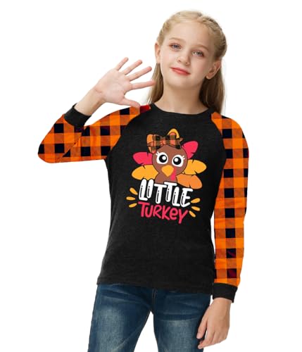 Image of Remimi Girls Thanksgiving Shirts Buffalo Plaid Raglan Tee Cute Turkey Holiday Party Long Sleeve Tshirt 5-14 Years