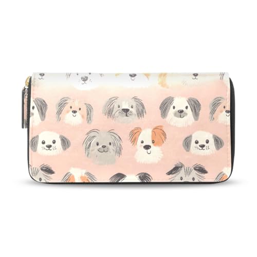 Long Wallets Leather Bifold Wallet for Women Dog Head with Zipper Credit Card Holder Large Capacity