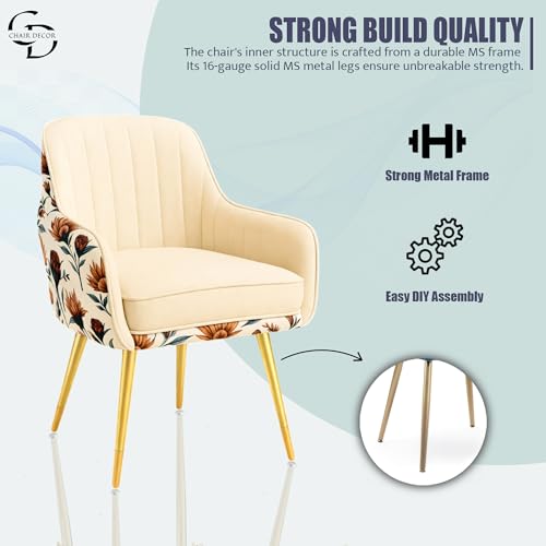Image of Velvet Accent Chair | Luxury Upholstered Armchair with Sturdy Metal Legs | Modern Comfortable Chair for Living Room, Bedroom, Office, or Cafe (Golden Legs, White Floral)