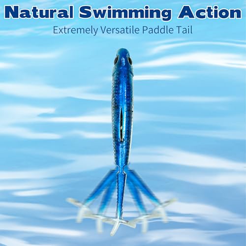 JORMIX 6Pcs Swim Baits for Bass Fishing,Easy Catching Lures Soft Plastic Walleye Fishing Lures,Fishing Gear for Bass Trout Crappie,Paddle Tail Swimbaits Fishing Soft Plastic Lure Kit Blue White - image 4