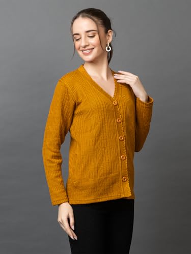 Image of Wear lusso Women's Woolen V-Neck Buttoned Full Sleeve Cardigan Self Design Soft Wool Fabric Winter Wear Pure Wool Sweater with Pockets Stylish Outdoor and Office Wear Girls