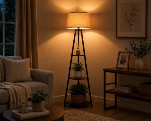 Image of Modern Furniture LED Tripod Floor Lamp with 3 Shelves, Brown Jute, Metal Corner Floor Lamp, for Decoration and Gifting, E27 Bulb