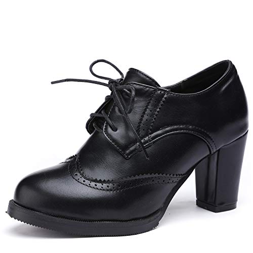 Odema Women Brogue Pumps Wingtip Lace-Up High Heel Oxfords Shoes Ankle Boots Black