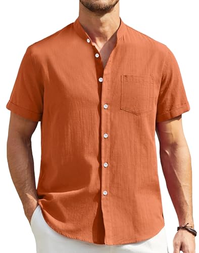 Enlision Chemise Lin Homme Manches Courtes Chemise Terracotta Homme Ete Casual Chemisette Col Mao pour Plage Mariage XL