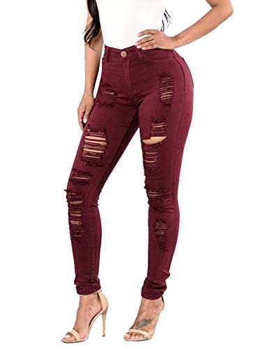 chouyatou Women's Distressed Style Skinny Leg Ripped Hole Jean Denim Pants (32, Wine Red)