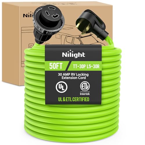 Image of Nilight 50FT 30 Amp RV Locking Extension Cord 125V Heavy Duty 10 /3 Gauge Pure Copper STW Wire UL ETL Listed 3 Prong TT-30P L5-30R Weatherproof Suit for Camper Caravan Trailer Bright Green