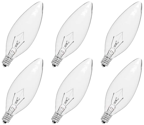 CYLYT 6-Pack E12 Candelabra Light Bulbs 25W Warm White 2500K 240 Lumen Dimmable Chandelier Light Bulbs for Ceiling Fan Pendants or Outdoor B10 Clear Incandescent Candle Bulbs