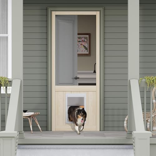 32' x 80' Pine Wooden Screen Door, with Built-in Dog Door - Universal Hinged Gauze Mesh Pet Door for...