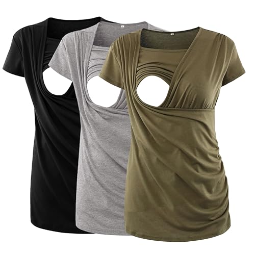 Image of Ecavus 3PCS Women's Maternity Nursing Tops for Breastfeeding Short Sleeve Side Ruched Nursing Shirts