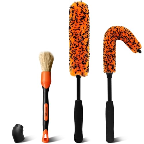 YeewayVeh Car Wheel Brush Kit, 3 Pack Long Handle Wheel Cleaning Brush and Detailing Brush, Scratch-Free Wheel Cleaner Brushes for Vehicle Motorcycle Rim Fenders Engine Exhaust Tips, Orange