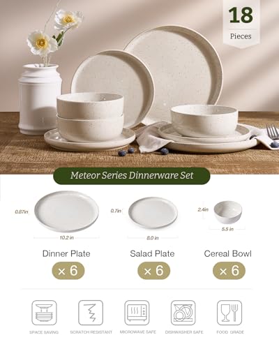 Image of Famiware Meteor Plates and Bowls Sets, 18-Piece Stoneware Dinnerware Sets, Dishes Set for 6, Microwave and Dishwasher Safe Tableware, Creamy White