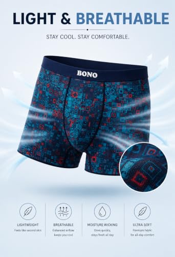 Image of BONO Men Cotton Blend Printed Trunk Combo Anti-Bacterial Moisture Wicking No Marks Stretchable Regular Fit Waistband Underwear Pack of 3 (Darkblue-Multicolor-TurquiseBlue-M)
