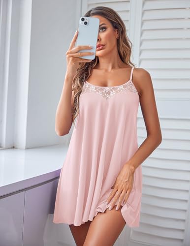 Image of Ekouaer Sexy Night Gowns Lace Nightgowns for Women Sleeveless Sleepwear Babydoll Nighty Plus Size Night Dress