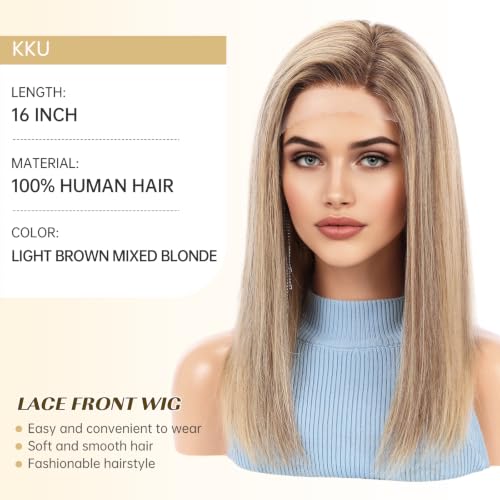 Image of KKU 100% Human Hair Wig, Lace Front Wigs Human Hair Side Part,Light Brown Mixed Blonde Wig Human Hair, Real Human Hair Wigs for Women(16Inch)