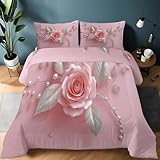 4 Jahreszeiten Bettdecke 200 x 200 cm 3D Perle In Rosa Rosenform Teppdecke Waschbare - Bettdecke ohne Bezug Nutzbar - Weiche Schlafdecke - Ganzjahresdecke mit 2 Kissenbezug, Rosa