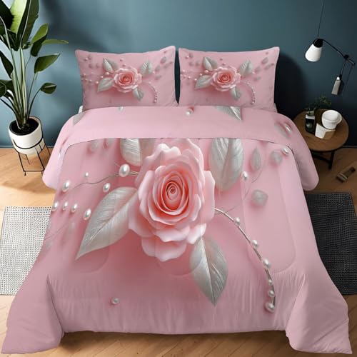 4 Jahreszeiten Bettdecke 200 x 200 cm 3D Perle In Rosa Rosenform Teppdecke Waschbare - Bettdecke ohne Bezug Nutzbar - Weiche Schlafdecke - Ganzjahresdecke mit 2 Kissenbezug, Rosa