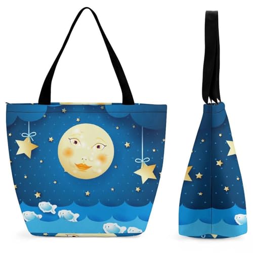 Sac à main pour femme vagues bleues lune et étoiles grand volume