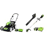 Greenworks Pro 80V 21 inch Cordless Push Lawn Mower & PRO 80V Cordless Brushless String Trimmer + Leaf Blower Combo, 2Ah Battery and Charger Included STBA80L210
