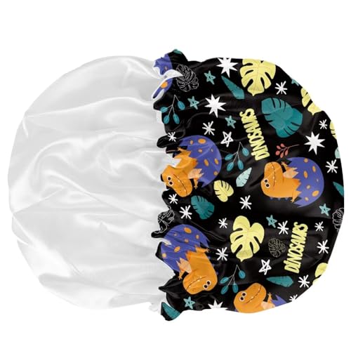 Image of Dinosaur Palm Leaf Print Sleep Cap for Kids Adjustable Elastic Band Flat Cap Sleeping for Hair Satin Bonnet Sleeping Beanie Hair Cap Headwear Hat for Girls Boys Toddler Baby