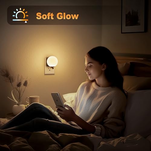 Image of JandCase LED Night Light, 3000K Warm Night Lights Plug into Wall, 0-100LM Dimmable Night Lights with Dusk to Dawn Light Sensor, Plug in Nightlights for Bathroom, Bedroom, Hallway