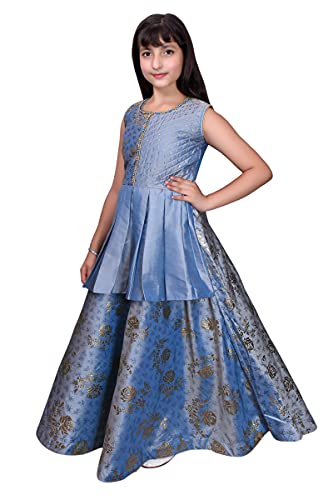 Image of Sky Heights Girl's Silk Slend Fit and Flare Maxi Wedding Dress (ZB Print Grey34 Grey 11-12 Years)