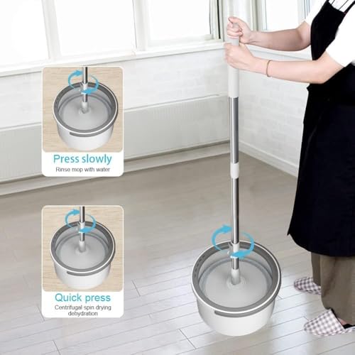 Image of Spin Mop for Home Cleaning Floor / 360 Rotating Mops for Floor Cleaning Deluxe System ๐๐๐ฅ๐ ๐๐๐ฉ๐๐ซ๐๐ญ๐ข๐จ๐ง Dirty and Clean Water System 2Pcs Reusable Microfiber Pad (White)