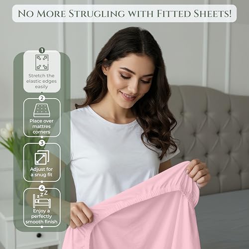 Image of Royale Linens 100% Organic Cotton Full Fitted Sheet Only - Percale Weave - Super Soft Deep Pocket Bottom Sheets - Pink Elastic Sheet - Full Size Fitted Sheets Only - (54 inchx75 inch+15 inch, Pink)