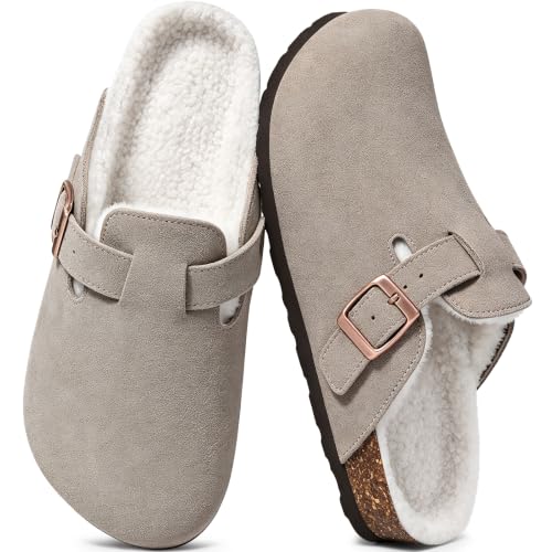 Image of KIDMI Women's Fur Lined Genuine Suede Clogs Fuzzy Cork Footbed Potato Shoes