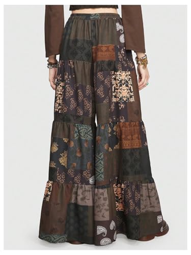 Verdusa Women's Hippie Ruffle Flowy Wide Leg Pants Elastic Waist Vintage Loose Palazzo Pants2