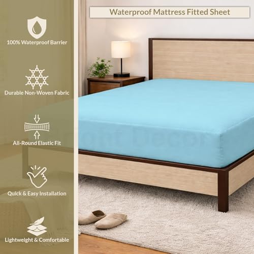 Image of 100% Waterproof Mattress Protector Single Size Bed 30x72 Inch, Non Woven Fabric Fitted Mattress Cover with Elastic, Waterproof Bed Protector, Hypoallergenic, 10 Inch Deep Pocket - Light Blue