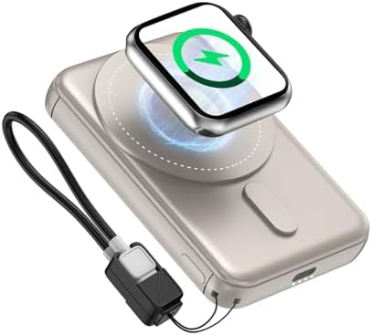 Magnetic Portable Charger, 3 in 1 Wireless Charger Power Bank for Magsafe 5000mAh Battery Pack, PD20W Fast Charging with Built-in USB-C Cable For iPhone 17/16/15 Series and Apple Watch/Airpods, Qianka