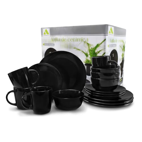 Opiniones de Venta de vajillas los mejores 5. 48 Vajilla de Cerámica, de 16 piezas, 4 personas, moderna y elegante. (Negro)