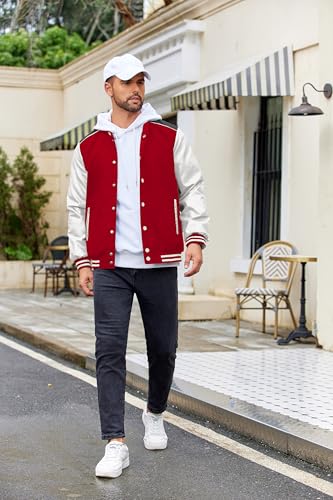 Image of COOFANDY Mens Varsity Jacket Casual Leather Sleeve Baseball Letterman Bomber Jacket Coat
