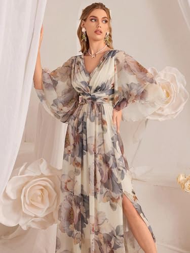 Image of TOLEEN Summer Casual Dresses for Women 2024 Spring Fashion Boho V Neck Long Sleeve Ruffle Floral Print Elegant Maxi Dress