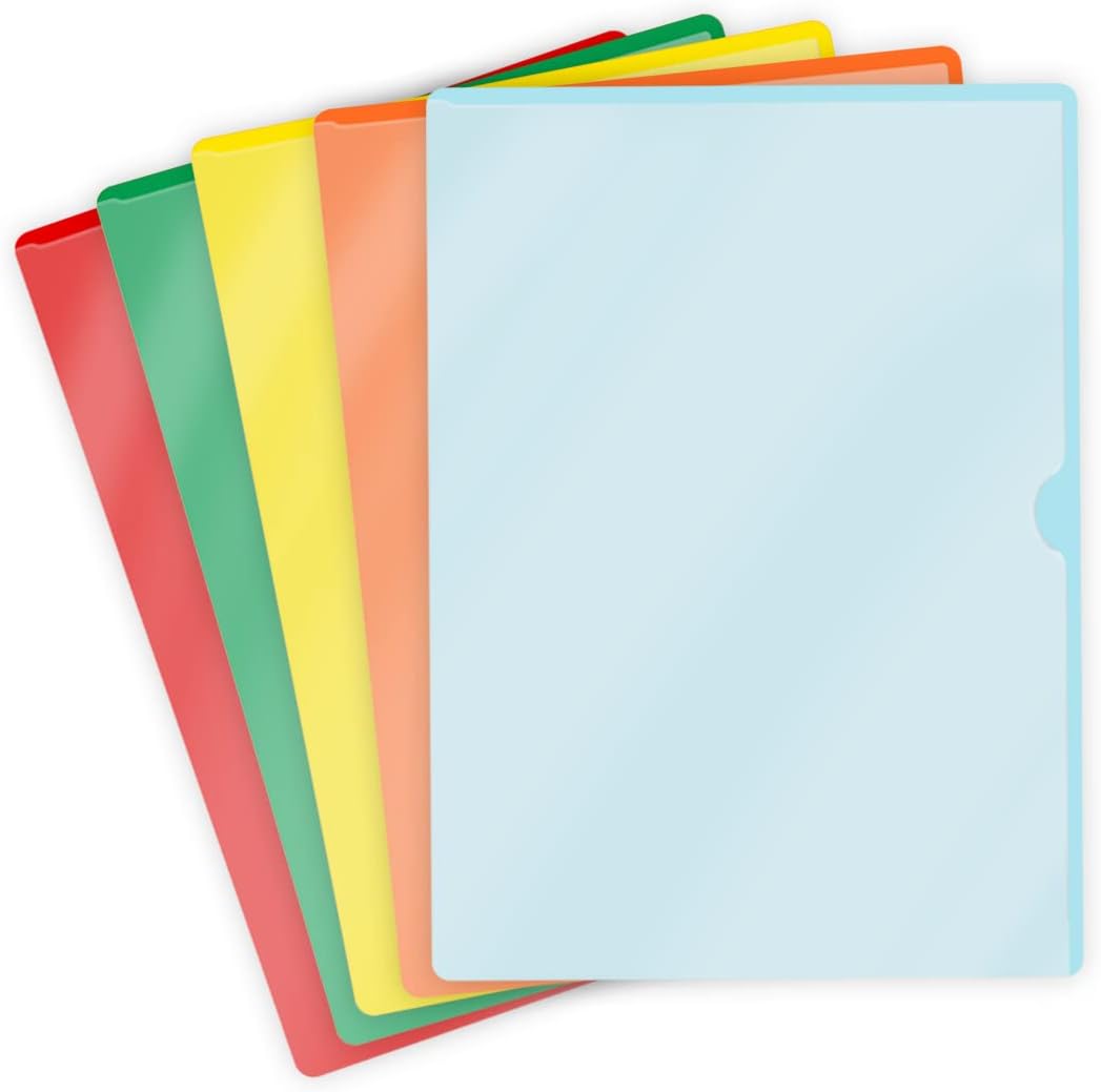 Doctor Stuff - 100 Pack Premium L-Type Vinyl Plastic File Folders Letter Size, 5 Assorted Color Pocket Project Folders Clear Front, Documents Holder for Home, Office and Medical Files