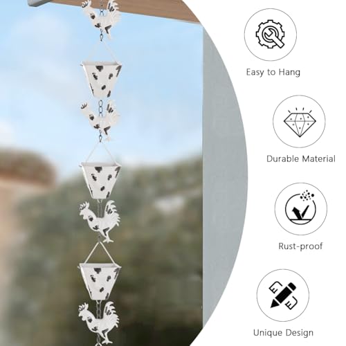 giole 7.8FT Rain Chain for Outside, Rain Chain with 10 Rooster Cups Adjustable Rain Chains for Gutters, Eaves, Drainage, Replacement for Downpout - Thumbnail 5