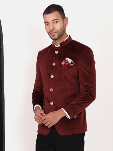 Image of MANQ Men Slim Fit Bandhgala Velvet Blazer - Mandarin Collar, Button Closure, Long Sleeves, Solid Ethnic Winter Wear with Three Pockets for Adults