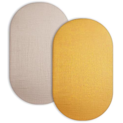 Image of Bassinet Sheet for Baby Boy and Girl 2 Pack, Fitted Sheets for Rectangle, Oval, Hourglass Bassinet Mattress, Muslin Moses Basket Sheets with Neutral Style (Beige & Mustard Yellow)