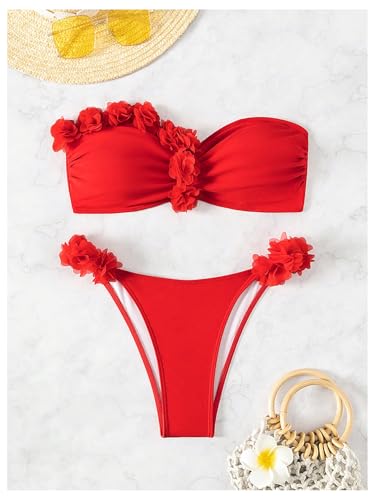 MakeMeChic Women's 3D Flower Bikini Set Strapless Bandeau Tie Back Thong Bathing Suit4