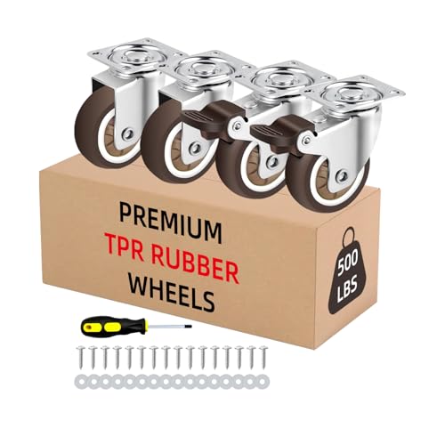 2 Inch Heavy Duty Caster Wheels Set of 4-500 LB Capacity Swivel Furniture Wheels with Brakes - Silent Rubber Casters for Workbench, Cabinet, Coffee Table