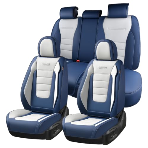 Image of Coverado Car Seat Covers Full Set, Nappa Leather Seat Covers for Cars, Car Seat Protector Car Seat Cushion, Front and Back Seat Protectors Cushions Universal Fit for Most Cars Vehicles(Blue&White)